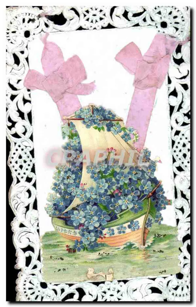 Barco decorado com flores — decoração floral e laços rosa — editor desconhecido, n° de série não visível - Frente