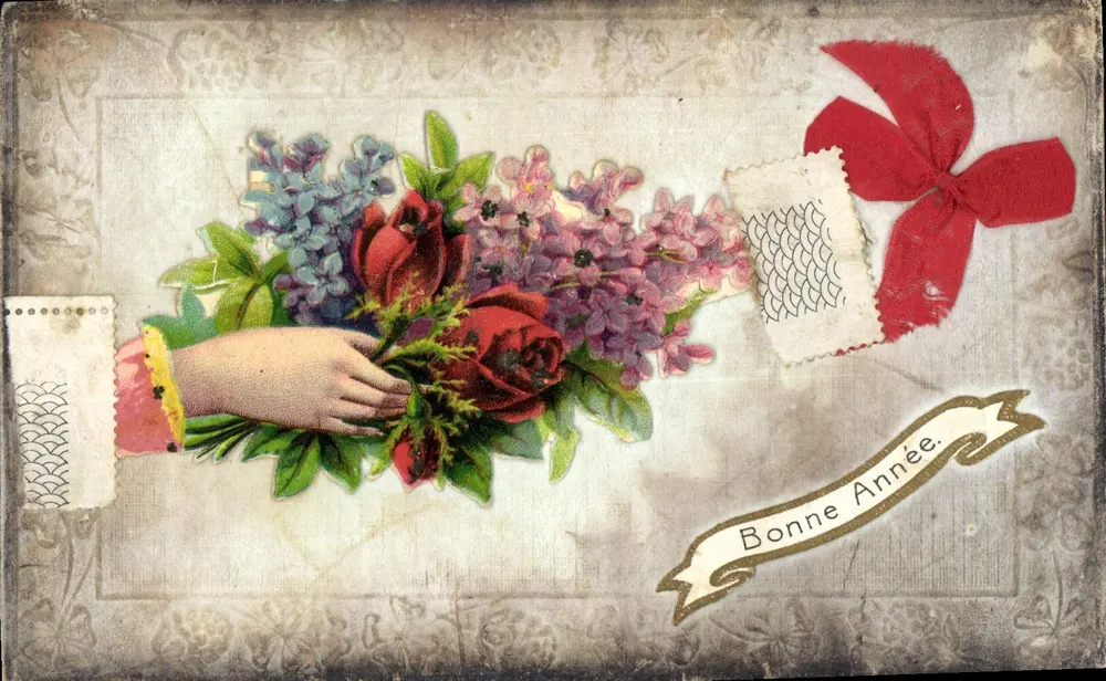 Bouquet van bloemen — hand die rozen en lilac vasthoudt — 'Goed jaar' — uitgever niet zichtbaar - Voorkant