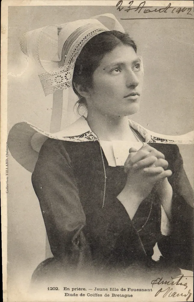 Junge Frau aus Fouesnant — In Gebet — Studie zu bretonischen Kopftüchern — Sammlung VILLARD-Quimper, n°1202 - Vorderseite