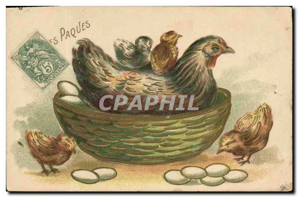 Huhn und Küken in einem Korb — Ostern — J.C. PARIS - Vorderseite