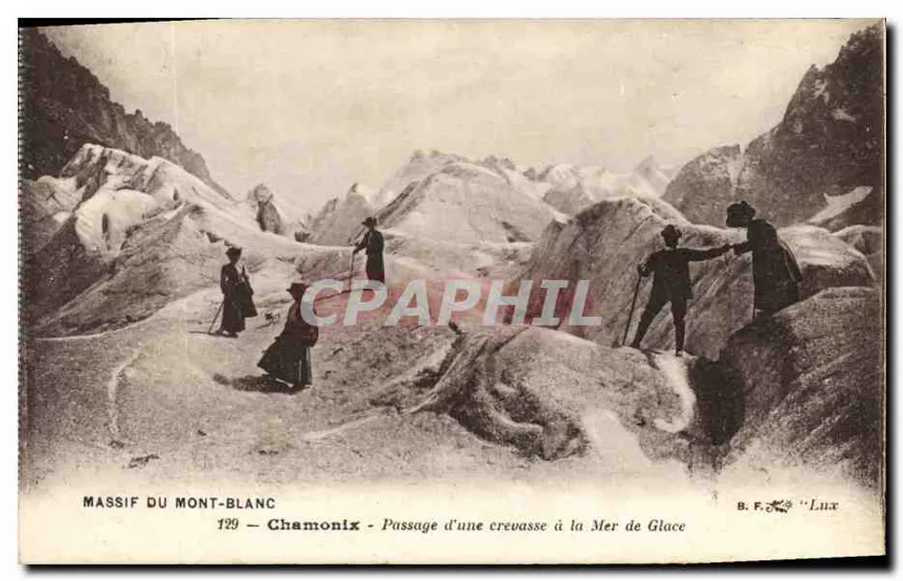 Massif du Mont-Blanc — Chamonix — Überschreiten einer Schneewehe auf der Mer de Glace — B.F. Lux Nr. 129 - Vorderseite