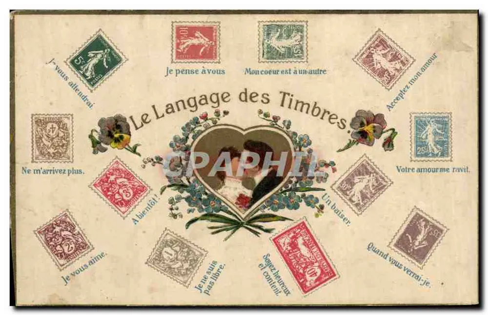 Die Sprache der Briefmarken — Illustrierte Karte mit Briefmarken und Liebesbotschaften — Verleger nicht sichtbar - Vorderseite