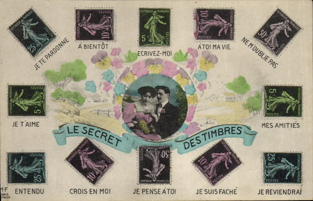 Das Geheimnis der Briefmarken — Dekorative Postkarte mit französischen Briefmarken und Liebesbotschaften - Vorderseite