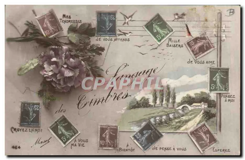 Die Nachricht der Crimbres — Dekorierte Karte mit Briefmarken und Liebesbotschaften — Verleger nicht sichtbar - Vorderseite