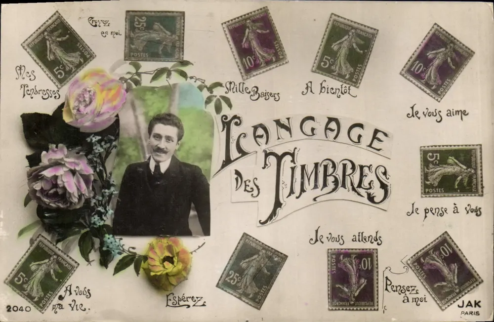 Sprache der Briefmarken — Dekorative Karte mit französischen Briefmarken und Foto eines Mannes — JAK PARIS - Vorderseite
