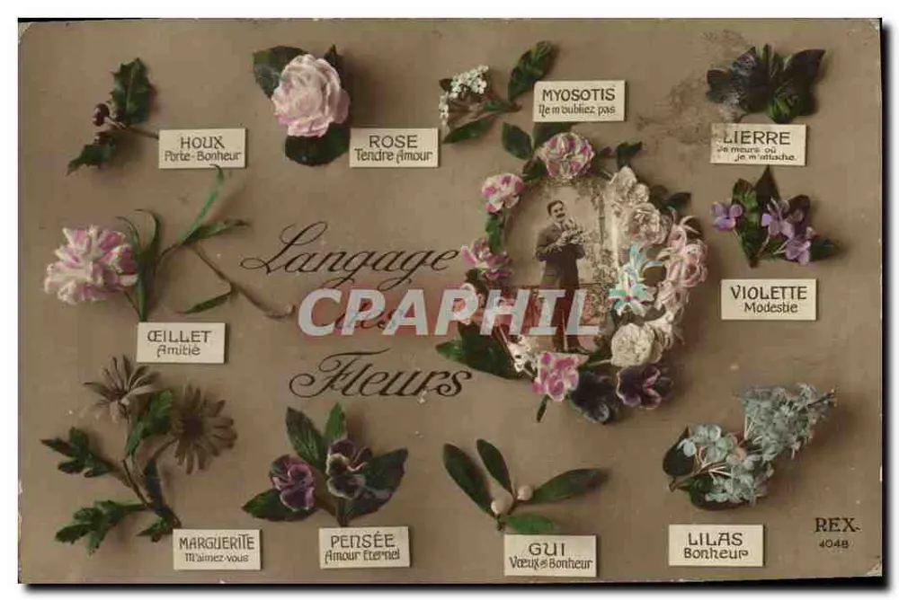 El lenguaje de las flores — Tarjeta ilustrada con flores y leyendas — A. Chuisiensen, Imp. en París - Anverso