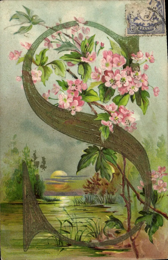 Fleurs de cerisier — décor en S — paysage de rivière au coucher du soleil — n° de série 2 - Recto