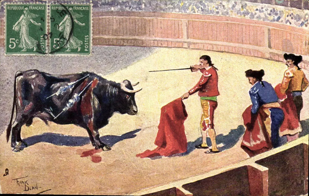 Tauro na arena — espetáculo de touro — desenho de Frans Dean - Frente