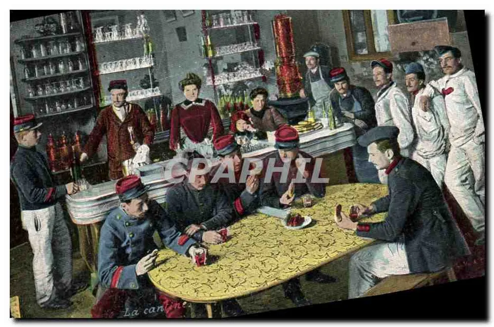 Kantyna — scena żołnierzy w stroju piechoty — wydawca: AQUA & PHOTO, PARIS, nr 3613 - Awers