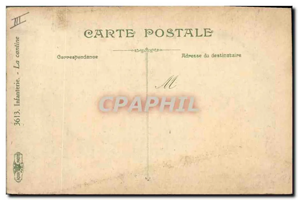 Kantyna — scena żołnierzy w stroju piechoty — wydawca: AQUA & PHOTO, PARIS, nr 3613 - Rewers