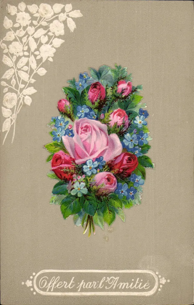 Arranjo de rosas e flores — Ofertado pela Amizade — Carta postal - Frente