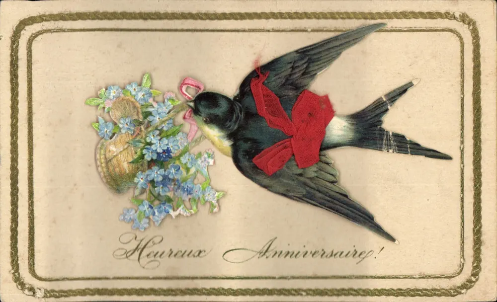 Vogel mit Blumenstrauß — Geburtstag — Ansichtskarte - Vorderseite