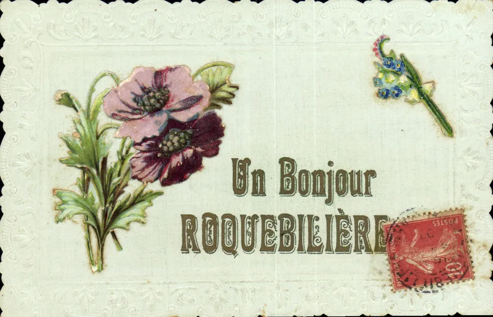 Un Saluto Roquebilière — cartolina postale con timbro da 10 centesimi - Recto