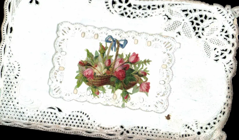 Arranjo de rosas — carta postal decorada com renda — editor J.C. Paris, n°21 - Frente