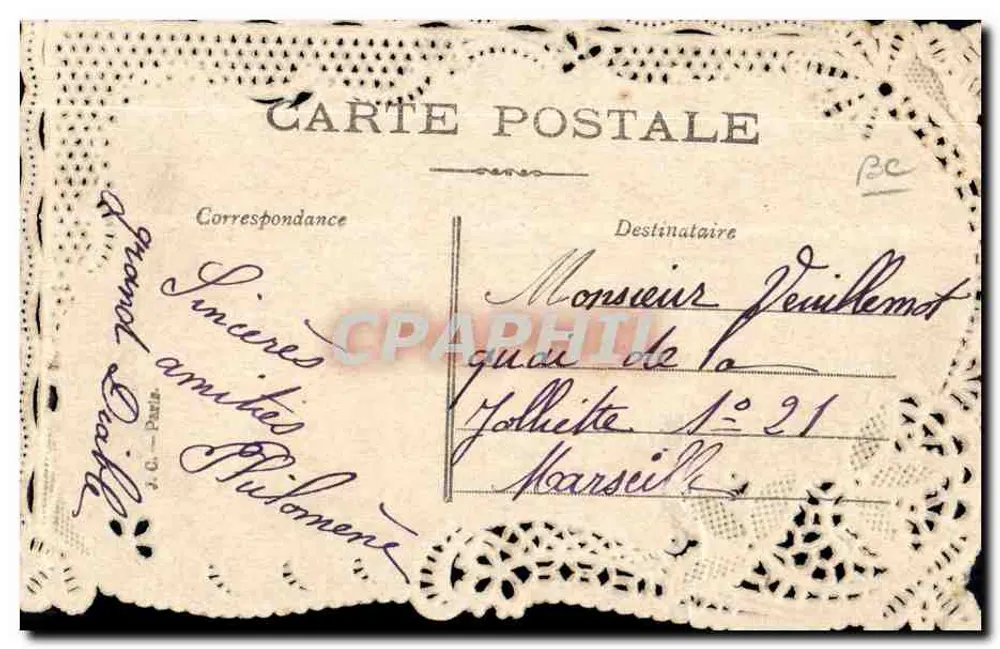 Arranjo de rosas — carta postal decorada com renda — editor J.C. Paris, n°21 - Verso