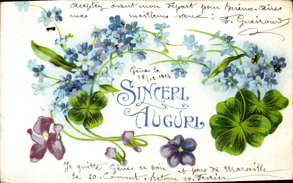 Flores azuis e roxos — Sinceros augúrios — Genève, 18/12/1904 - Frente