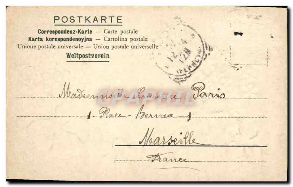 Flores azuis e roxos — Sinceros augúrios — Genève, 18/12/1904 - Verso
