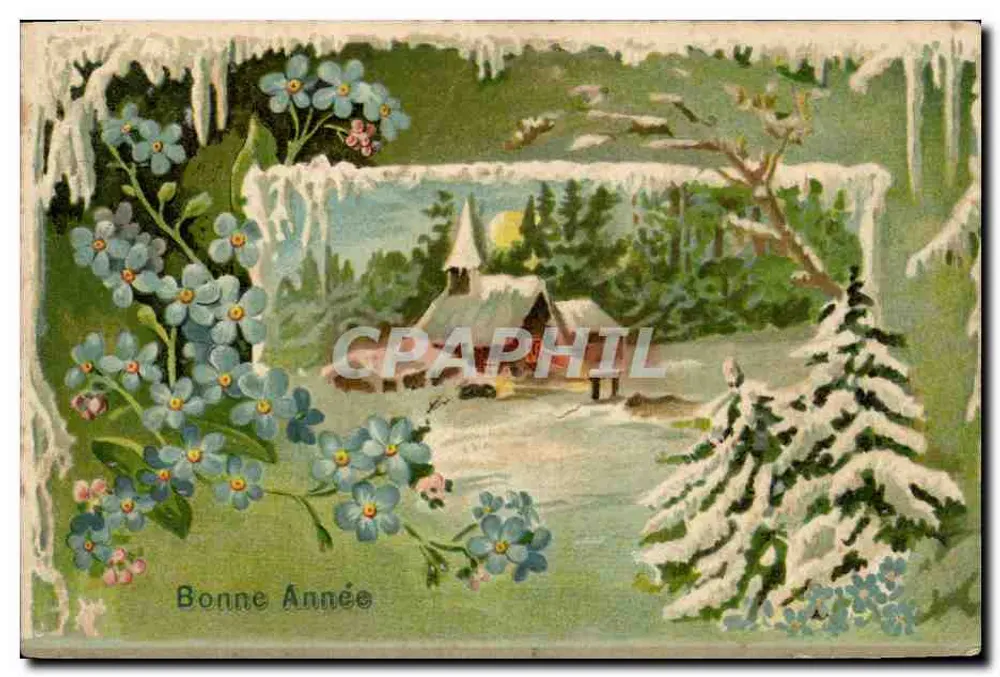 Winterlandschaft mit Chalet — 'Bonne Année' — Verlag nicht sichtbar - Vorderseite