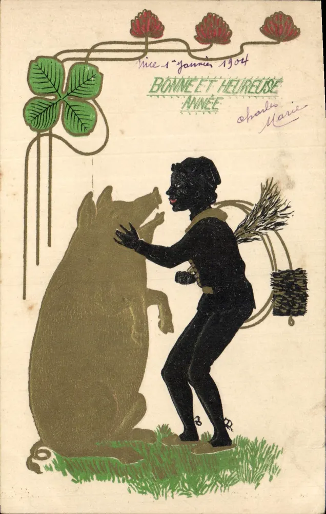 Sujet: Gutes Jahr 1904 — Illustration eines schwarzen Charakters mit einem Schwein — Verlag Charles Marie, Nr. 237 - Vorderseite