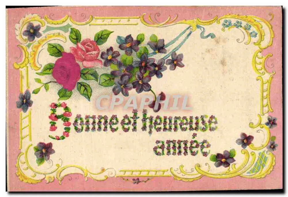 Bom e feliz ano — decoração floral — Editores K. F. Paris, série 0108 bis - Frente