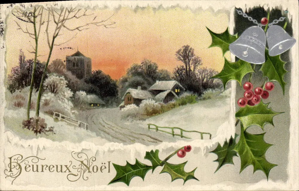 Paisagem invernal — aldeia nevada com torre e casebres — Beureux Noël — editor não visível - Frente