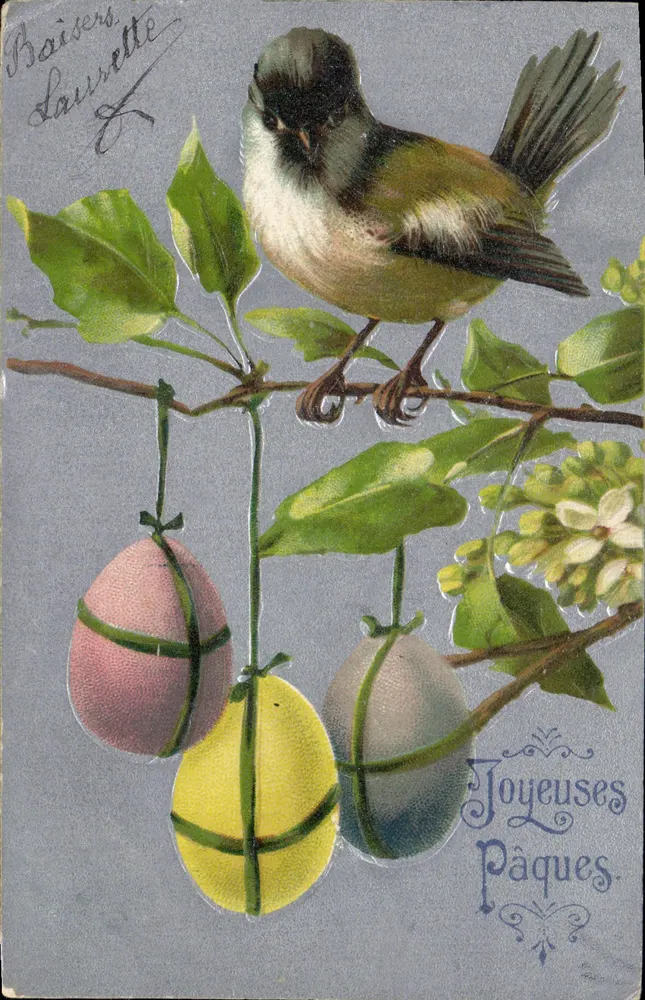 Osterhuhn und Ostereier — Frohe Ostern — unbekannter Verlag, Seriennummer nicht sichtbar - Vorderseite