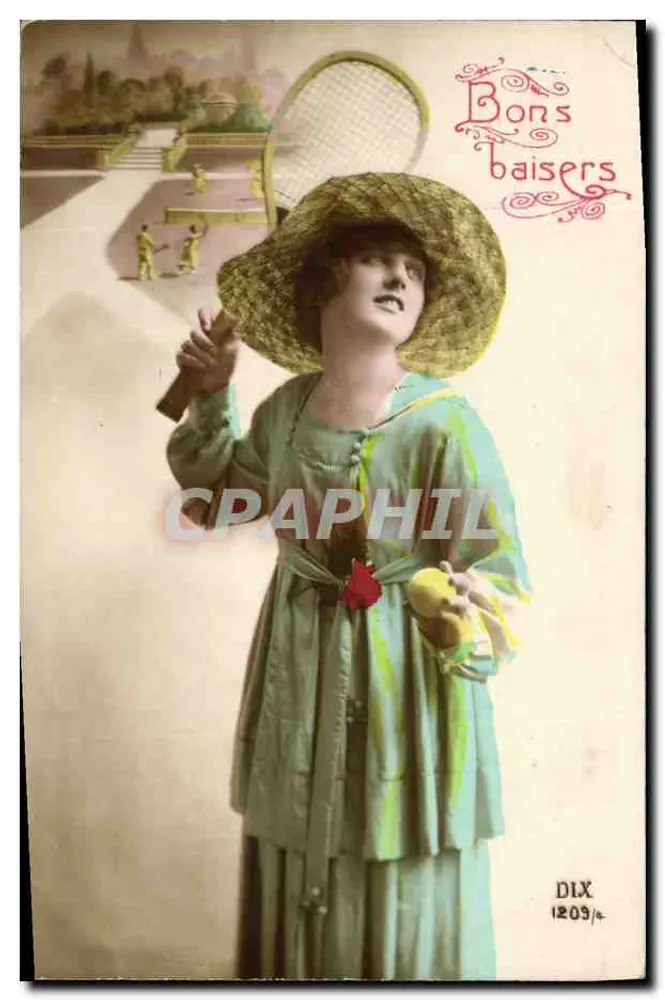 Jeune femme en chapeau de paille tenant une raquette de tennis — scène de jardin — éditeur DIX n° 1209/4 - Anverso