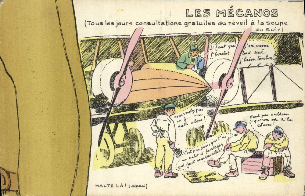 Les Mécanos — Karikatur von Mechanikern und Flieger — HALTE-LÀ ! (angemeldet) - Vorderseite