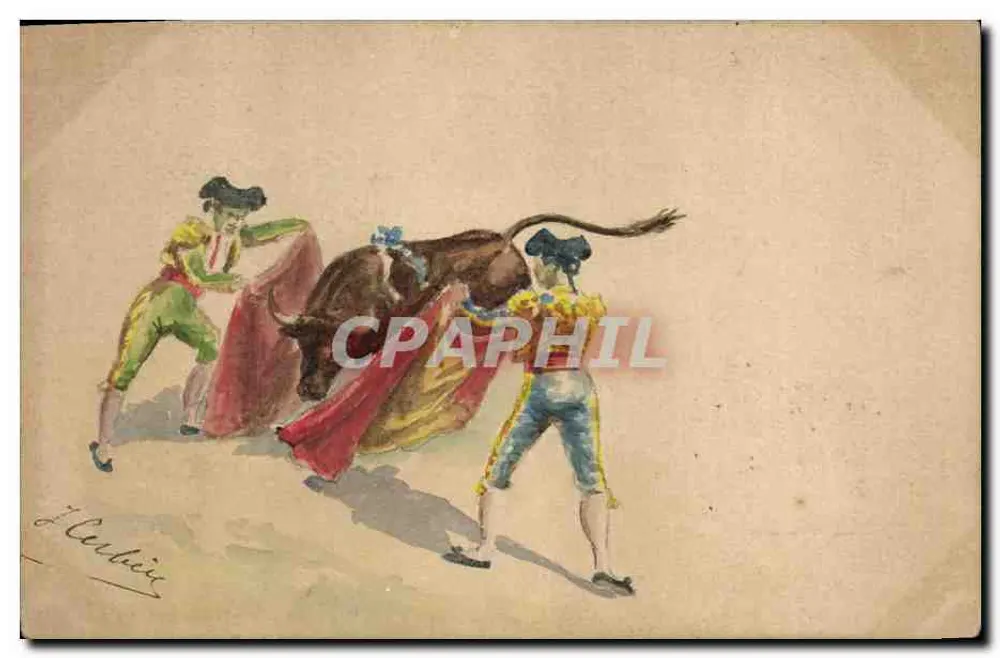 Toreadores e touro — pintura aquarelada — J. Coubier - Frente