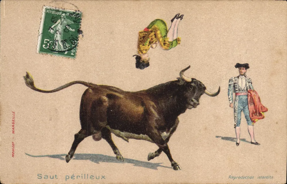 Salto perigoso — cena de touro e toureiro — editor MOULLIOT, MARSEILLE - Frente