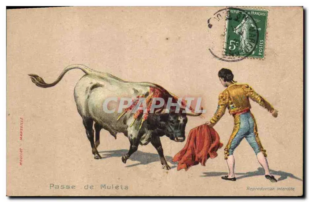 Passe de Muléta — cena de tauromaquia — editor Moullet, Marselha - Frente