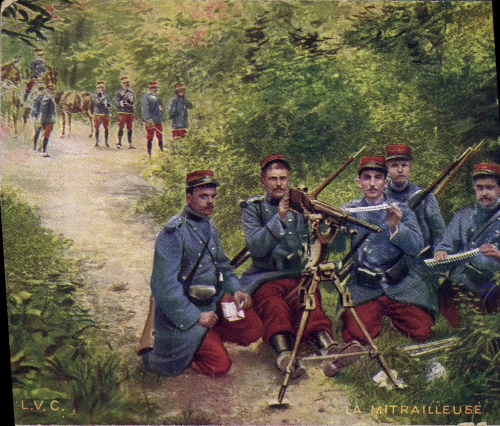 La mitrailleuse — scène de campagne avec soldats français — éditeur L.V.C. n° 4 - Frente