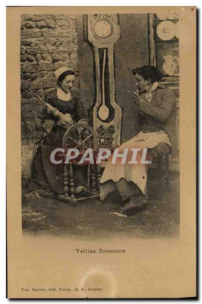 Veillée Bressane — scène de vie rustique avec femme à la métairie et homme fumant — éditeur Vve Ravlier, Bourg et A. Cordier - Frente