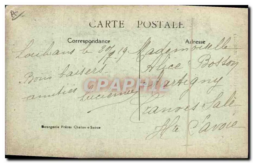Bressan (Habit du Dimanche) — homme en costume traditionnel avec fusil et sabots, éditeur Bourgeois Frères Chalon-saône - Verso