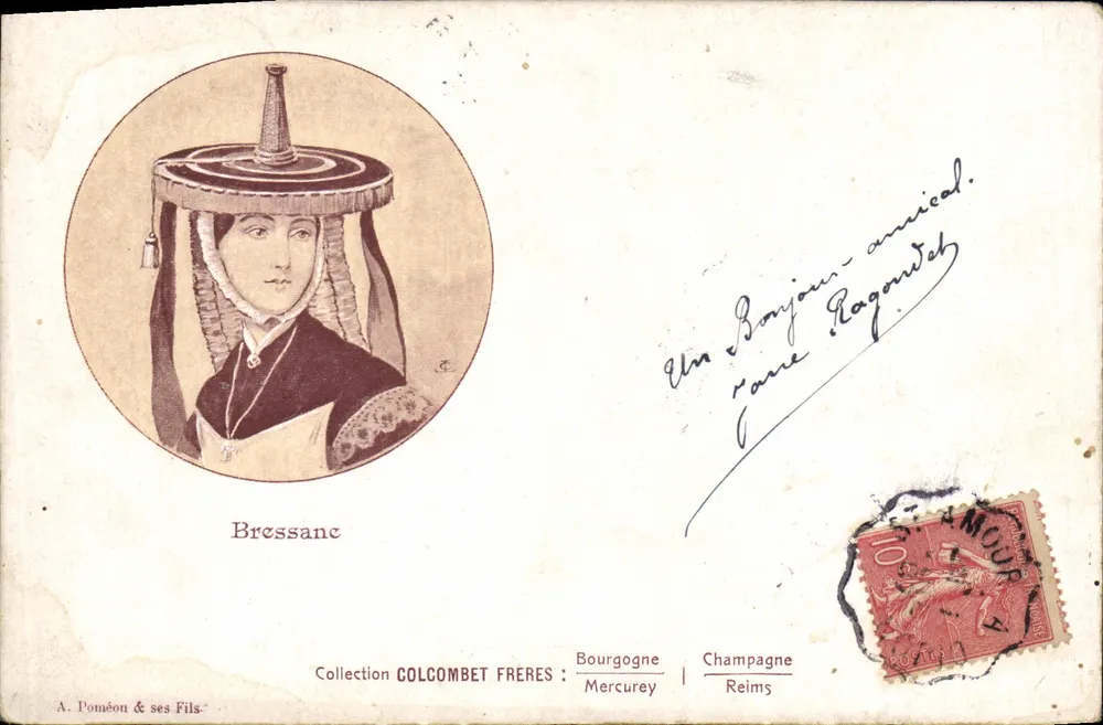 Bressanc — mulher usando um chapéu tradicional — Coleção COLCOMBET FRERES, Borgonha / Champagne, Mercurey / Reims - Frente