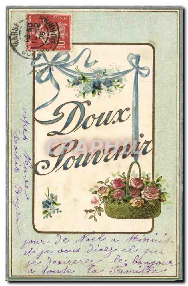 Lindo Lembrete — cartão postal decorado com fitas e flores — editado pela União Postal Universal - Frente
