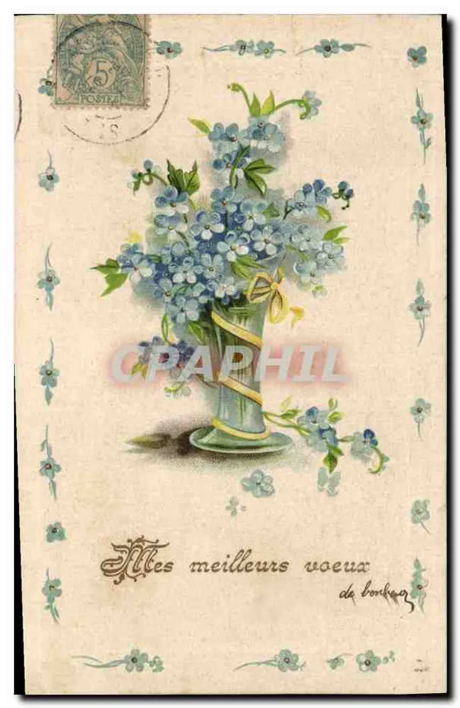 Arranjo de flores azuis — Boas-vindas de felicidade — editor não identificado - Frente