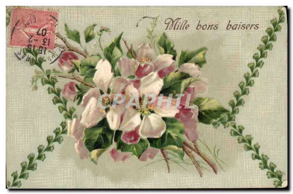 Bouquet de fleurs — 'Mille bons baisers' — éditeur inconnu - Frente