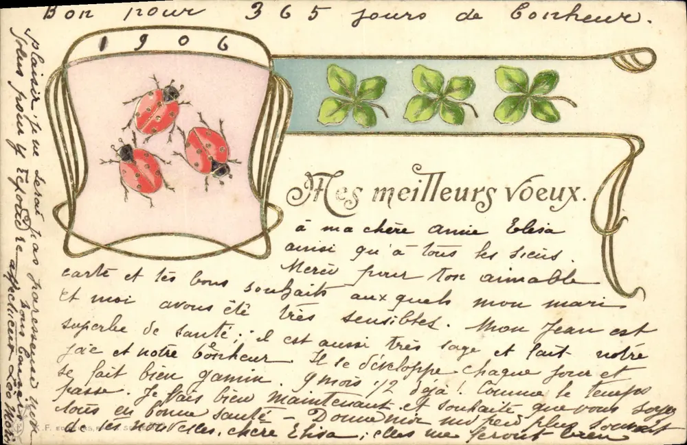 Neujahrskarte mit Marienkäfern — 1906 — Verlag K.F. und Seriennummer nicht sichtbar - Vorderseite
