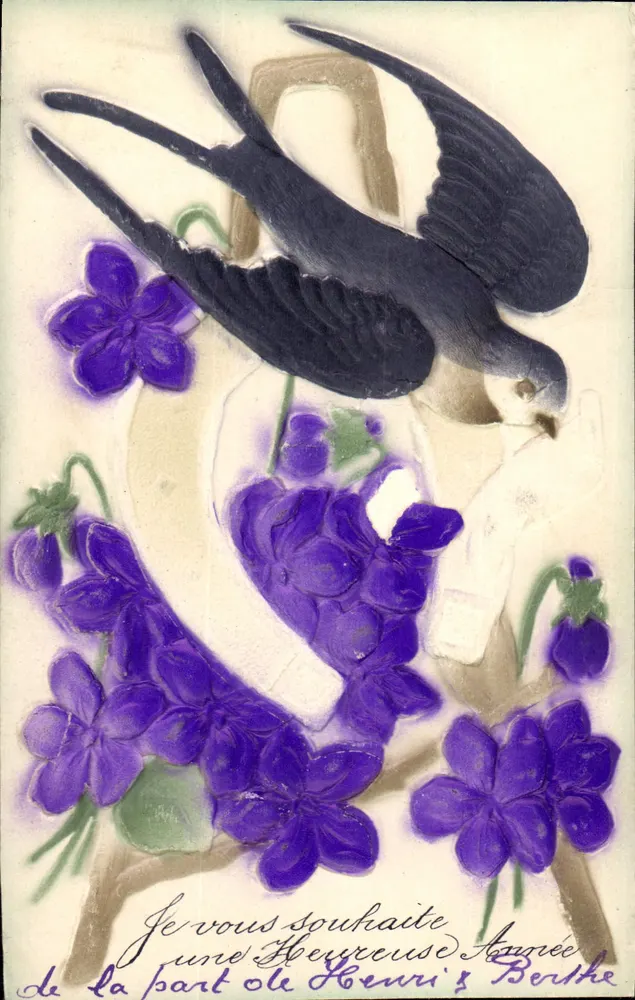 Pássaro e violetas — Carta postal de Henri's Berthe — editor não visível - Frente