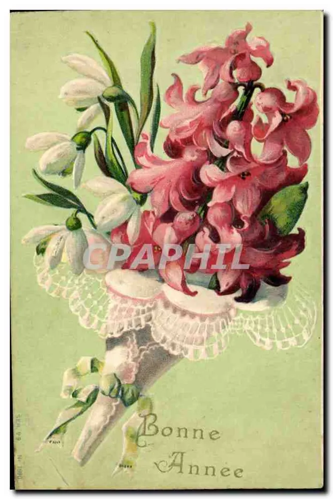 Arranjo de flores — jacintos rosas e narcisos brancos — editor S.E.P.A. n° 1800 - Frente