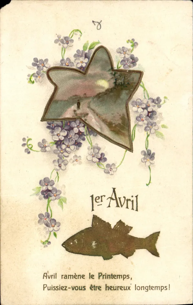 Avril ramène le Printemps — carte ornée de violettes et d'une étoile avec paysage — éditeur Carte postale — Postkarte (verso) - Vorderseite