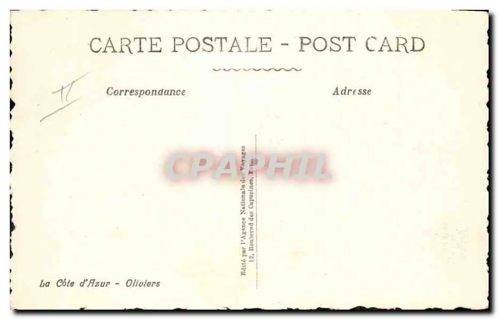 Olivières - La Côte d'Azur — Uitgegeven door de Nationale Reisagentschap, 12, Bonterred des Capucines, Olivières - Achterkant