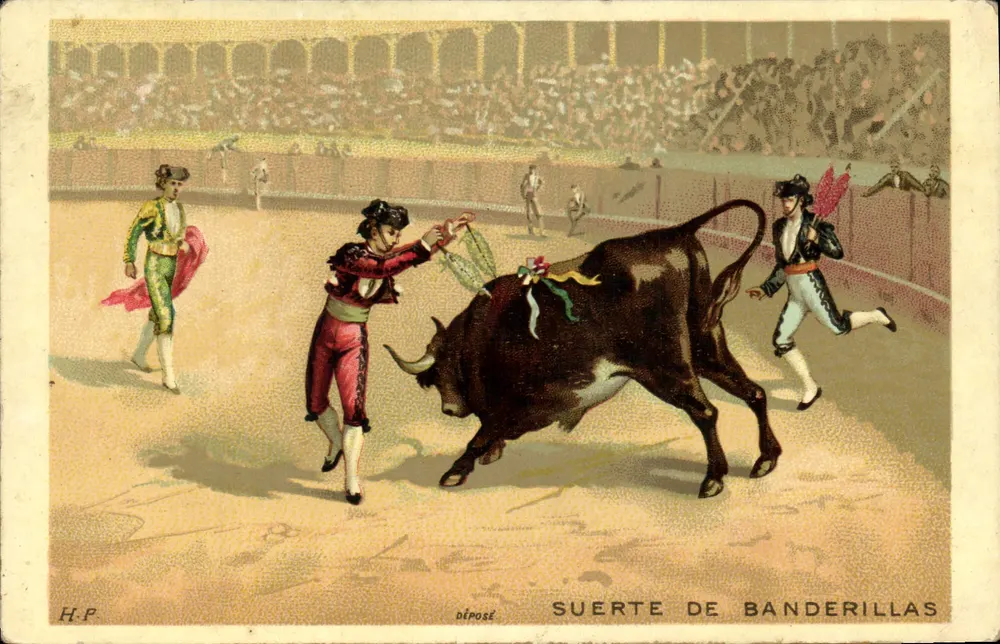 Suerte de Banderillas — Stierkampf-Spektakel — abgegeben H.P. - Vorderseite