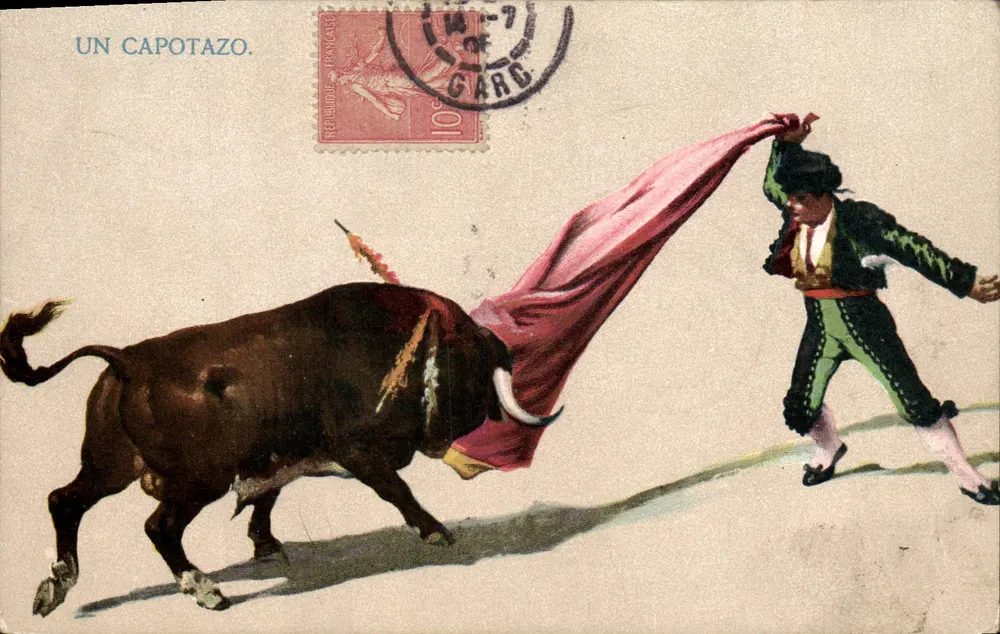 Um capotazo — cena de touro e toureiro — editor não visível, número de série ilegível - Frente