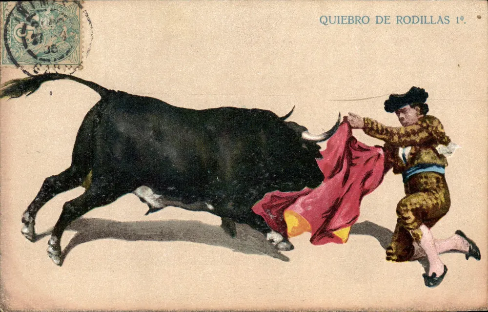 Quiebro de Rodillas 1º — Szene mit schwarzem Stier und Matador — Verlag nicht sichtbar - Vorderseite
