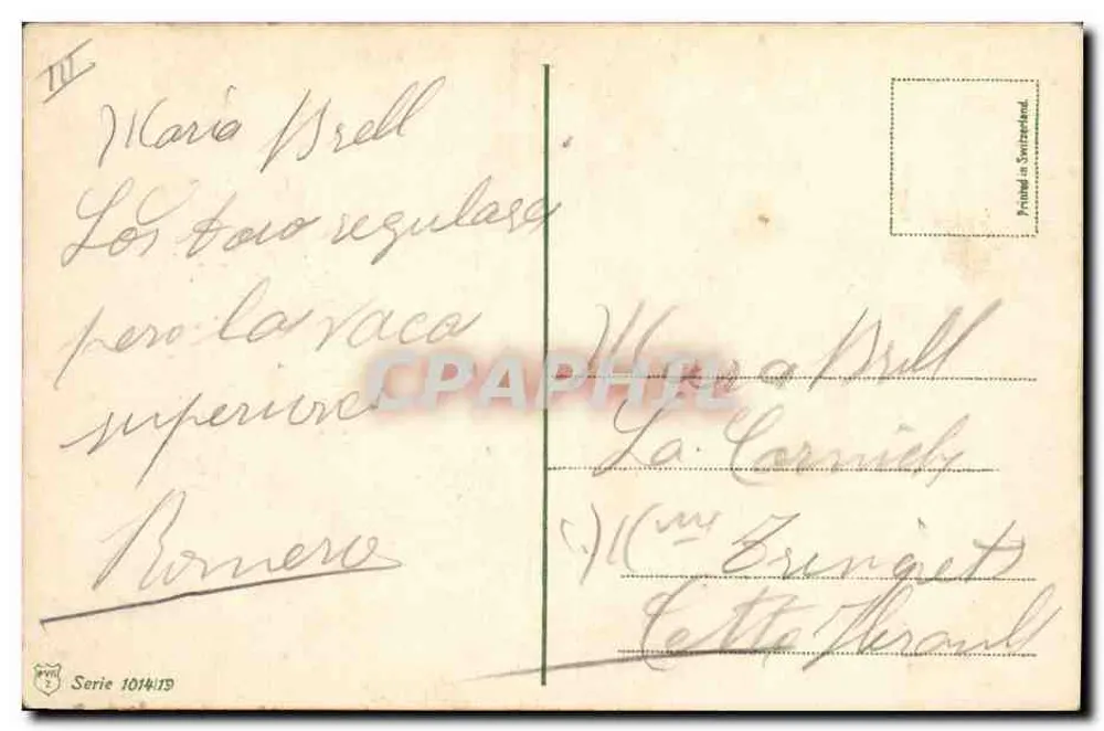 Arrastre del Toro — scène de corrida avec deux hommes et deux chevaux ornés de drapeaux espagnols — éditeur 'Printed in Switzerland' et n° de série 1014/15 - Verso