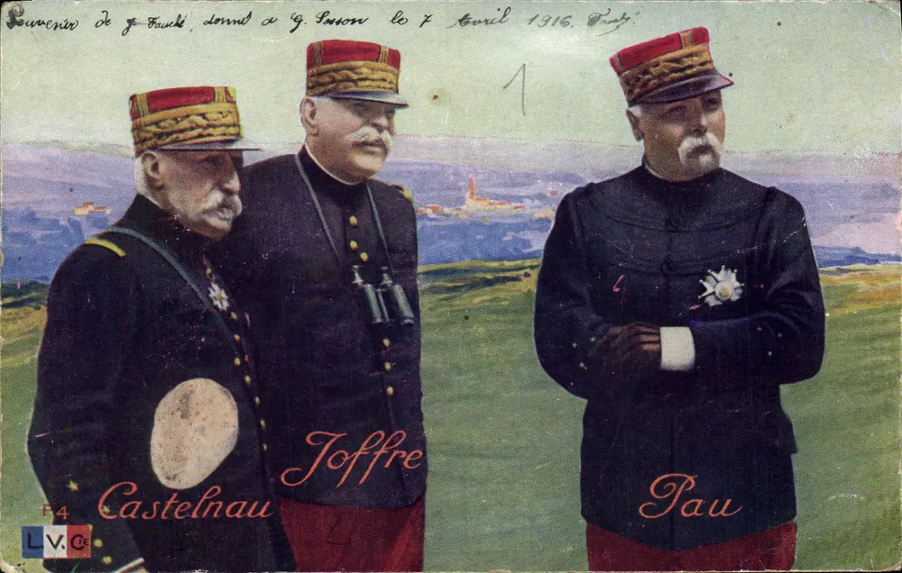 Drei französische Generale — Castelnau, Joffre, Pau — in Uniform, mit Landschaftsbild — L.V.C. n° F4 - Vorderseite