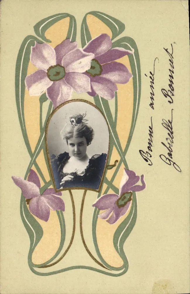 Femme en portrait — décor floral Art Nouveau — éditeur non visible - Vorderseite