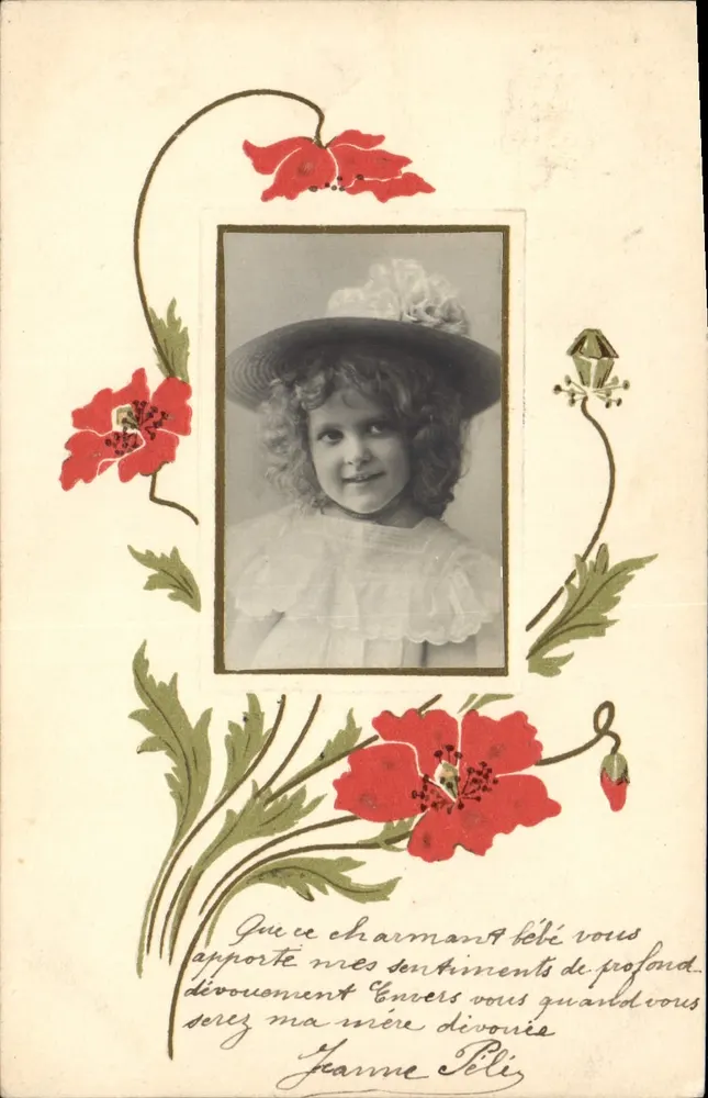 Menina com chapéu — carta postal decorada com papoulas vermelhas — editor S. 404 - Frente